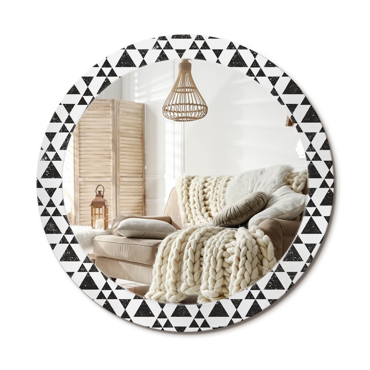 Kerek Tükör Grafikával, Decormat, Háromszögek Geometriája, Fekete és fehér, Ø80 cm, Sminkeléshez És Borotválkozáshoz, 010090550110300011799