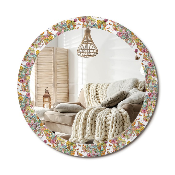 Kerek Fali Tükör Nyomtatott Mintával, Decormat, Mesebeli Virágok, Többszínű, Ø80 cm, Nappali Szoba Díszítésére, 010090550110300011202