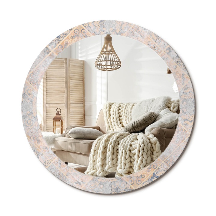 Kör Alakú Fali Tükör Nyomtatással, Decormat, Kopott Csempék, Krémszín, Ø80 cm, Lakásdíszítő Fali Tükör, 010090550110300072654