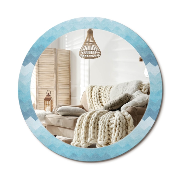Kör Alakú Tükör Mintával, Decormat, Kék Chevron, Kék, Ø80 cm, Stílusos Fali Dekoráció, 010090550110300030039