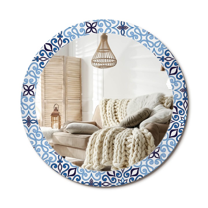 Kerek Fali Tükör Nyomtatott Mintával, Decormat, Kék Arab Minta, Kék, Ø80 cm, Nappali Szoba Díszítésére, 010090550110300020935