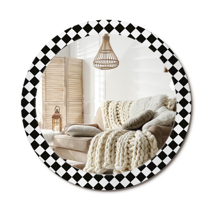 Kör Alakú Tükör Mintával, Decormat, Sakkasztal, Fekete, Ø80 cm, Stílusos Fali Dekoráció, 010090550110300020945