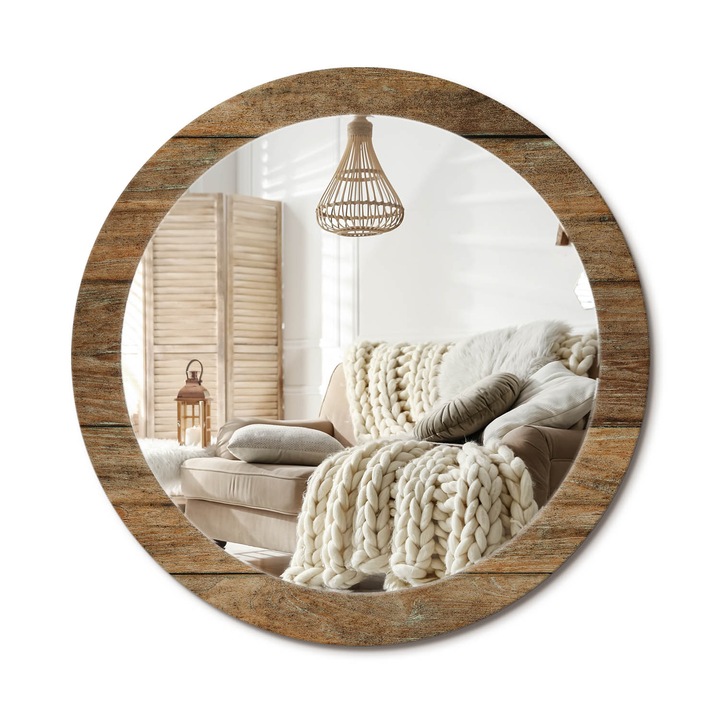 Kör Tükör Nyomtatott Mintával, Decormat, Régi Fa, Barna, Ø80 cm, Fésülködőasztalhoz És Gardróbba, 010090550110300053723