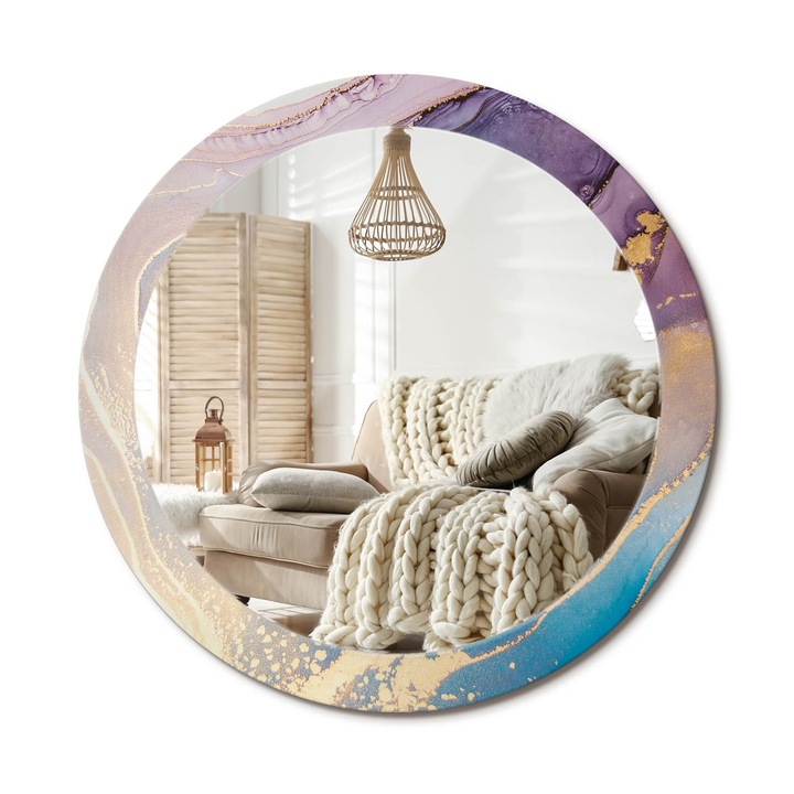Kör Tükör Nyomtatott Mintával, Decormat, Márványkő, Kék, Ø80 cm, Fésülködőasztalhoz És Gardróbba, 010090550110300053830