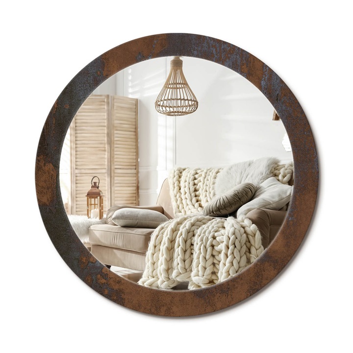 Kör Alakú Fali Tükör Nyomtatással, Decormat, Rusztikus Metál, Barna, Ø80 cm, Lakásdíszítő Fali Tükör, 010090550110300053928