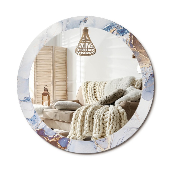 Kerek Tükör Kerettel És Nyomtatott Mintával, Decormat, Absztrakt Művészet, Kék, Ø80 cm, Beltéri Dekorációs Elem, 010090550110300053838