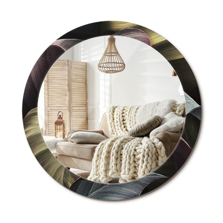 Kerek Tükör Grafikával, Decormat, Sötét Trópusi Levelek, Fekete, Ø80 cm, Sminkeléshez És Borotválkozáshoz, 010090550110300054019