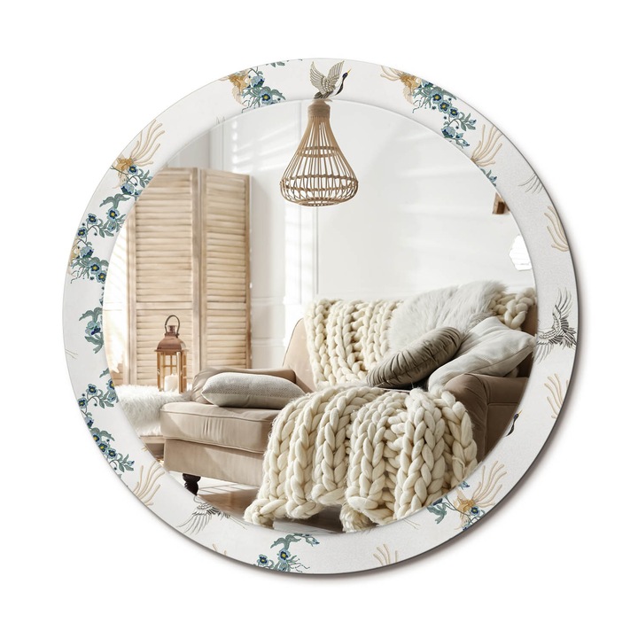 Kör Alakú Tükör Mintával, Decormat, Kínai Madarak, Többszínű, Ø90 cm, Stílusos Fali Dekoráció, 010090550120300011877