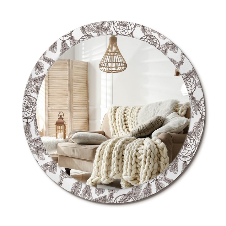 Kerek Tükör Nyomtatással, Decormat, Álomfogó, Szürke, Ø90 cm, Nappaliba És Szobába, 010090550120300012786