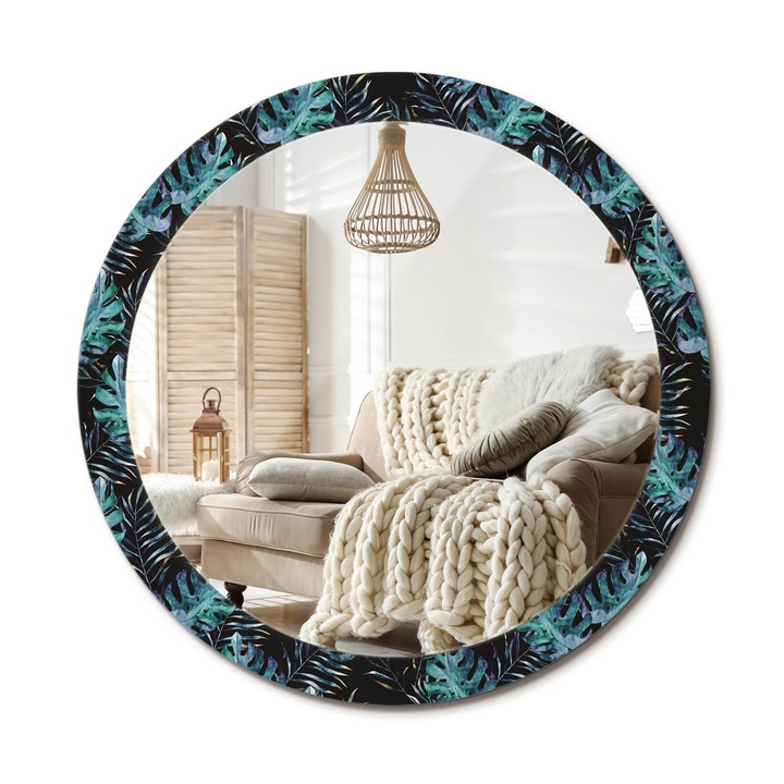 Kör Alakú Tükör Mintával, Decormat, Egzotikus Levelek, Fekete, Ø90 cm, Stílusos Fali Dekoráció, 010090550120300010874