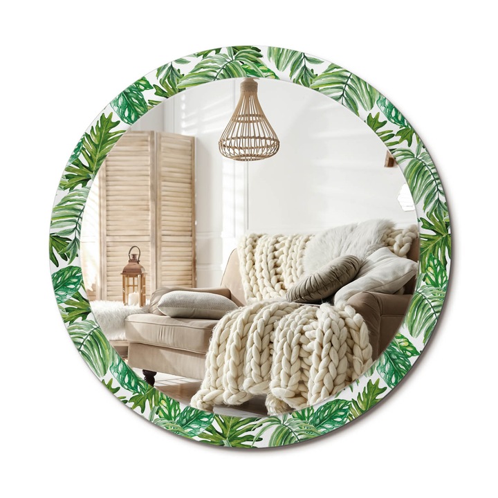 Kör Alakú Tükör Mintával, Decormat, Dzsungel Levelek, Zöld, Ø90 cm, Stílusos Fali Dekoráció, 010090550120300012048