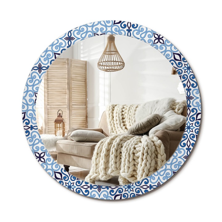 Kerek Fali Tükör Nyomtatott Mintával, Decormat, Kék Arab Minta, Kék, Ø90 cm, Nappali Szoba Díszítésére, 010090550120300020935