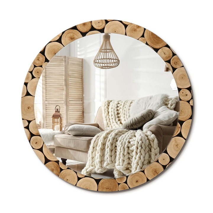 Kerek Tükör Grafikával, Decormat, Fa Rönkök, Barna, Ø90 cm, Sminkeléshez És Borotválkozáshoz, 010090550120300053736
