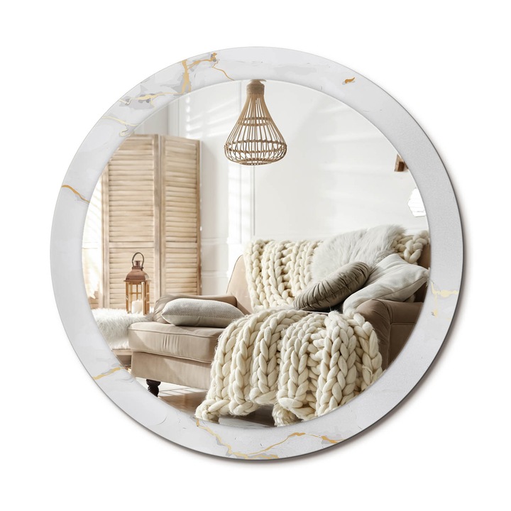 Kör Alakú Tükör Mintával, Decormat, Fehér Márvány, Fehér, Ø90 cm, Stílusos Fali Dekoráció, 010090550120300053823