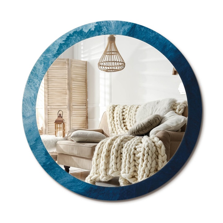 Kerek Fali Tükör Nyomtatott Mintával, Decormat, Absztrakt Művészet, Kék, Ø90 cm, Nappali Szoba Díszítésére, 010090550120300053947