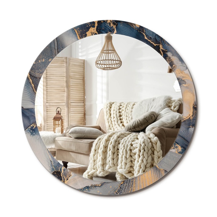 Kör Alakú Tükör Mintával, Decormat, Absztrakt Festékek, Aranyszín, Ø90 cm, Stílusos Fali Dekoráció, 010090550120300053836