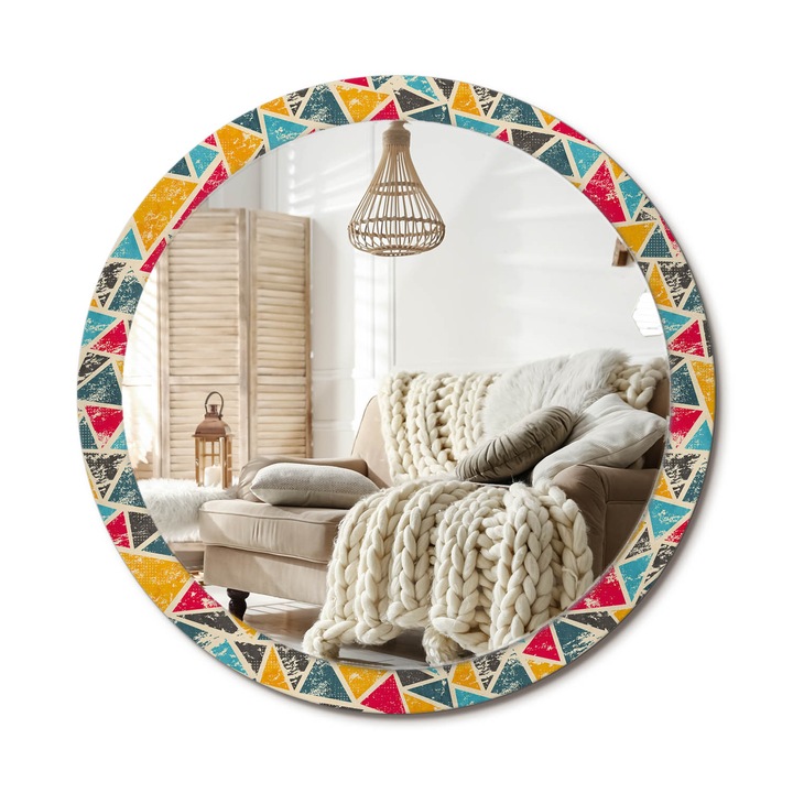 Kerek Tükör Kerettel És Nyomtatott Mintával, Decormat, Retro Kompozíció, Többszínű, Ø100 cm, Beltéri Dekorációs Elem, 010090550130300072556