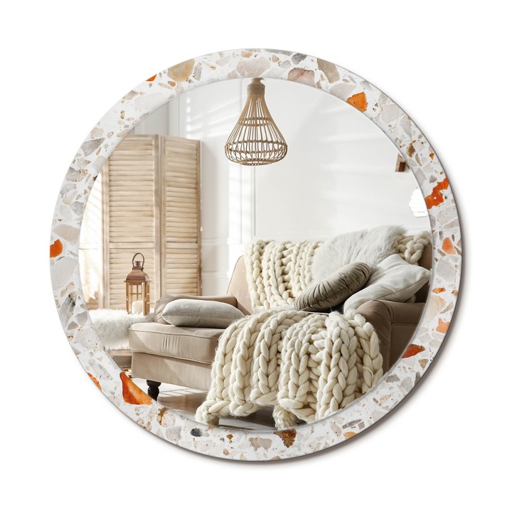 Kör Tükör Nyomtatott Mintával, Decormat, Terrazzo Stílus, Fehér, Ø100 cm, Fésülködőasztalhoz És Gardróbba, 010090550130300072588