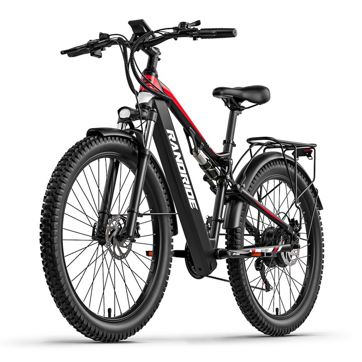 Електрически велосипед RANDRIDE YG90, 48V 17Ah подвижна батерия, 45 км/ч, 1000 W мотор, Shimano 21 скорости, хидравлична спирачка, планински велосипед с пълно окачване, черен