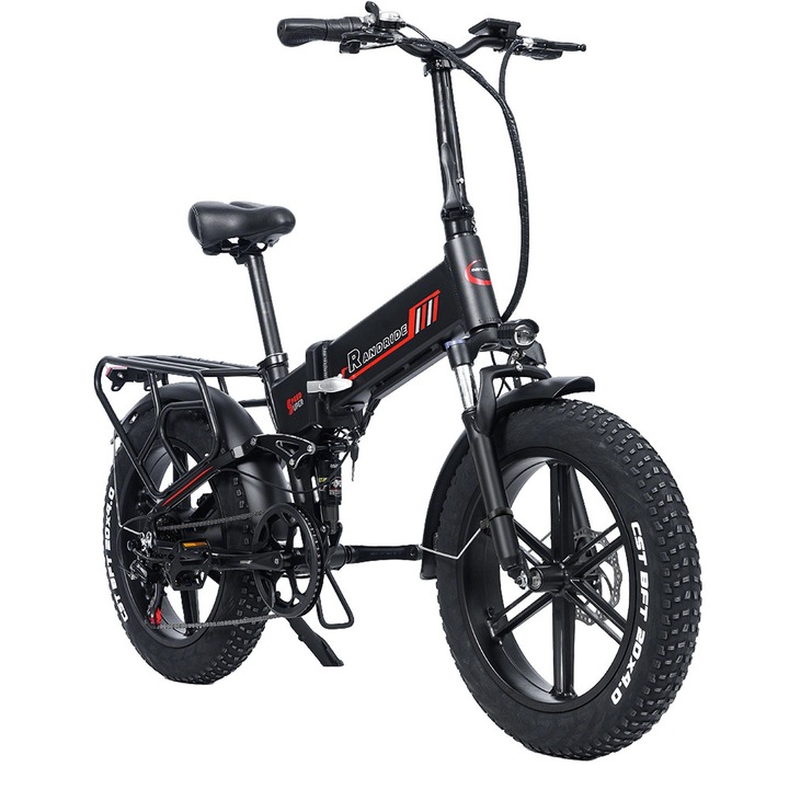 Bicicleta electrica pliabila RANDRIDE YX20M, motor de 1000 W, baterie de 48 V si 17 Ah, anvelope groase de 20", 7 viteze Shimano, frana cu disc, negru