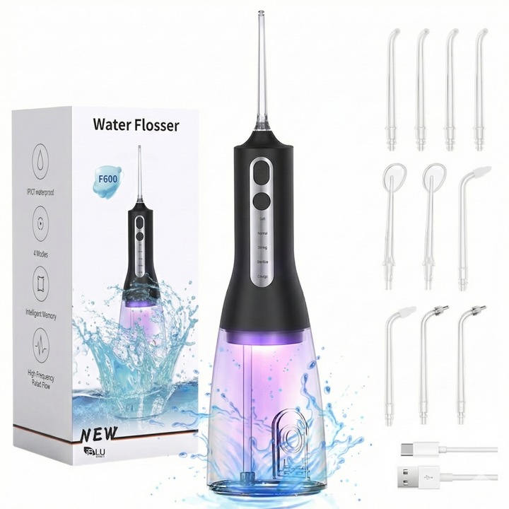 Професионален устен иригатор тип iBLU, смарт устен душ с UV стерилизация, преносим, ​​безжичен, 1800 импулса/мин, 10 глави с 360° въртене, 4 програми