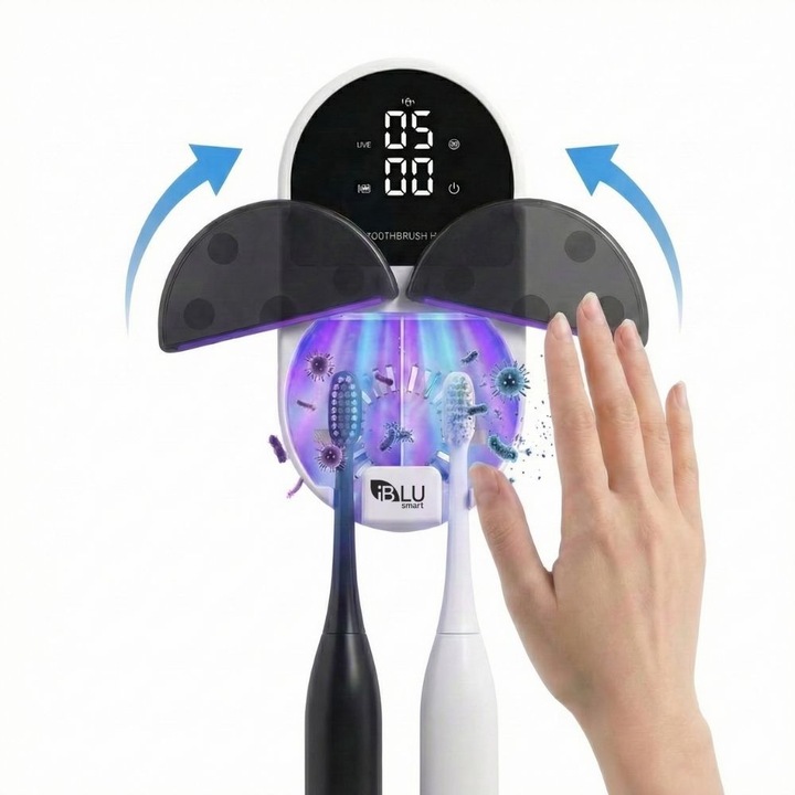 Sterilizator UV Inteligent si Suport Periute iBLU smart™ cu Uscare, Functie Touchless (Senzor), Deschidere Automata, Sterilizare Automata Dimineata/Seara, Display LED cu Ceas, Acumulator 2000mAh, Incarcare USB-C, Alb/Negru
