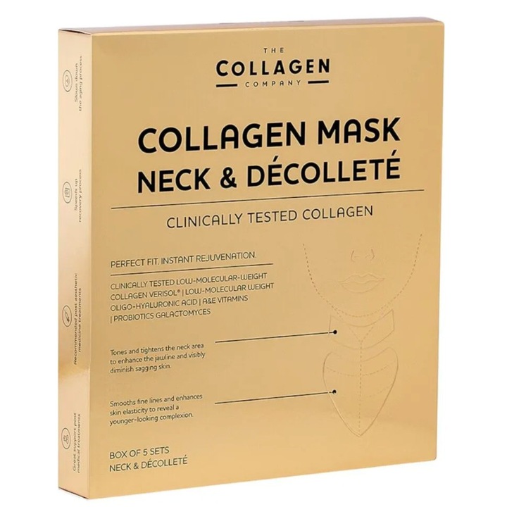 Masca pentru gat si decolteu, The Collagen Company, 5 piese, cu colagen Verisol si acid hialuronic, 20-40 minute utilizare