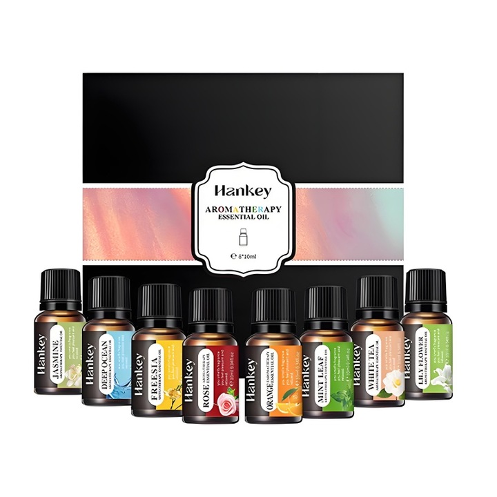 Illóolaj Készlet, Hankey, 8 x 10 ml, Jázmin, Édes Narancs, Rózsa, Menta, Frézia, Fehér Tea, Óceán illatok, dobozos csomagolás