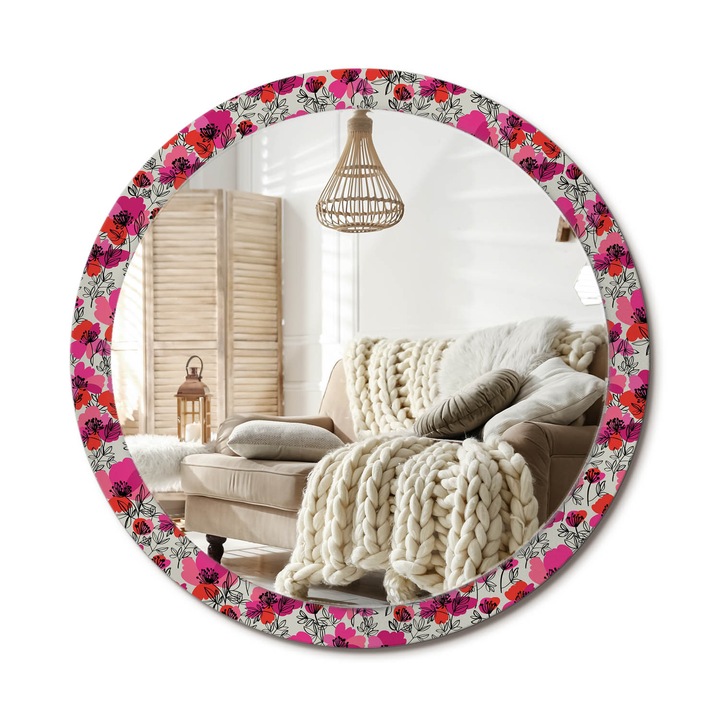Kerek Fali Tükör Nyomtatott Mintával, Decormat, Rózsaszín Pipacsok, Piros, Ø100 cm, Nappali Szoba Díszítésére, 010090550130300072620