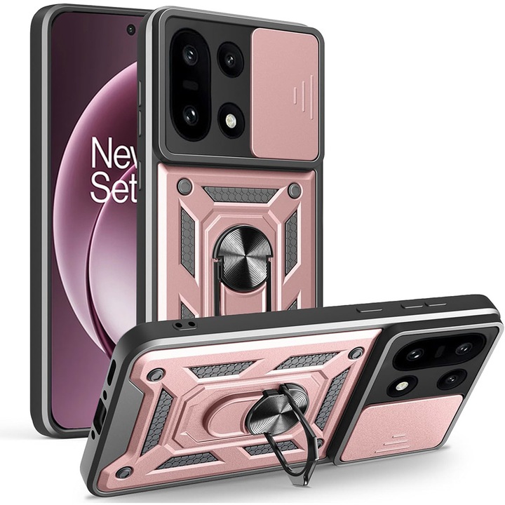 Husa pentru OnePlus 15 Ring Armor Kickstand Tough Rugged Cover cu protectie camera, roz