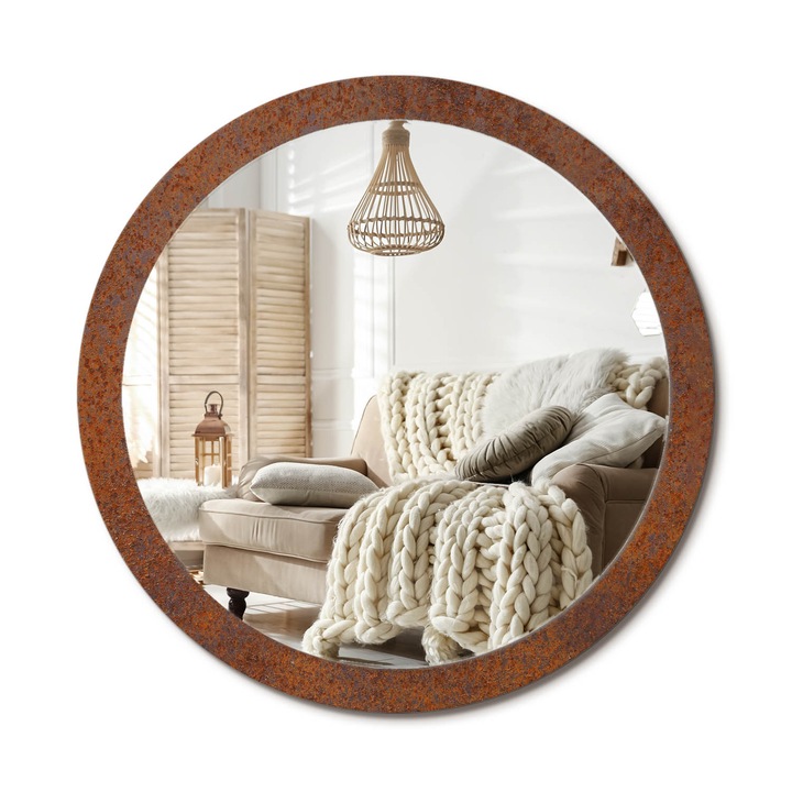 Kör Tükör Nyomtatott Mintával, Decormat, Rozsdás Fém, Barna, Ø100 cm, Fésülködőasztalhoz És Gardróbba, 010090550130300053923