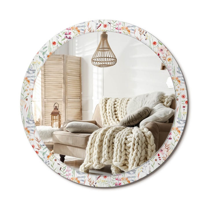 Kör Tükör Grafikai Mintával, Decormat, Vadvirágok, Fehér, Ø100 cm, Előszobába És Folyosóra, 010090550130300053996