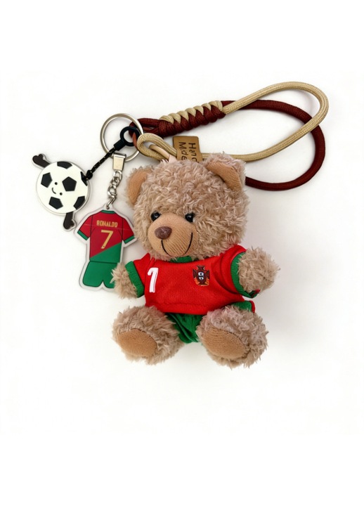 Breloc ursulet cu tricoul Portugaliei CR7, design personalizat, verde/rosu, material moale
