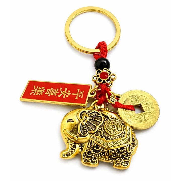 Breloc Feng Shui Elefant Auriu cu Trompa in Jos simbol pentru Fertilitate si Protectie, Moneda Chinezeasca Norocoasa