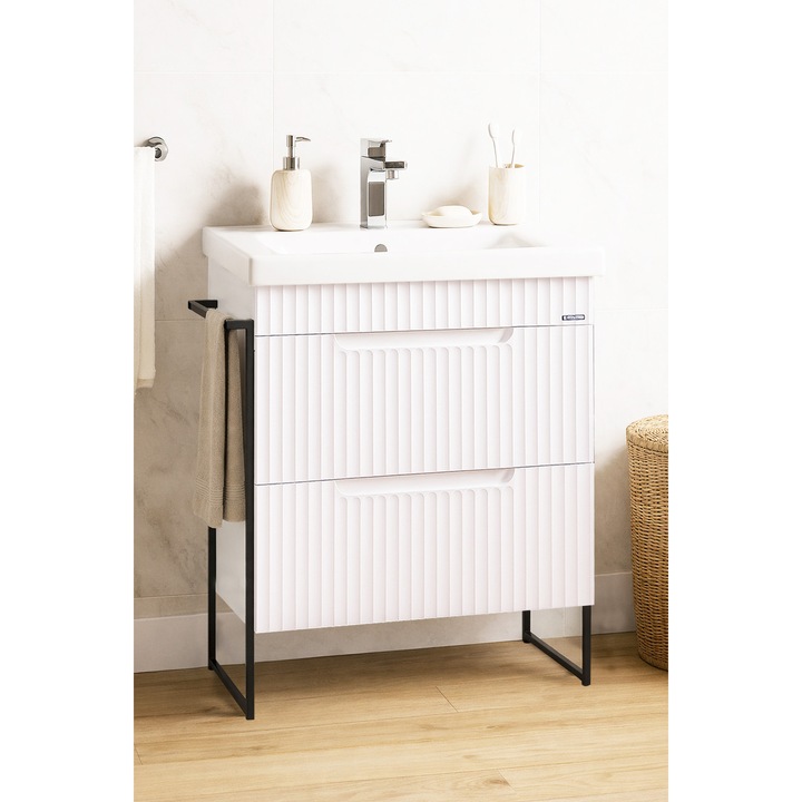 Set mobilier de baie MDF si lavoar Badenmob, seria 733, cu sertare, Cadru metalic, 60x46x91cm, Alb Rustic