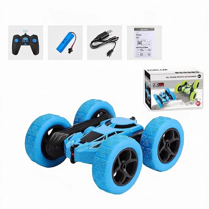 Кола с дистанционно управление RC за деца, Двойно въртене, 2.4G електрически играчки с дистанционно управление, за дрифт с въртене на 360 градуса и преобръщане на 180 градуса, синя