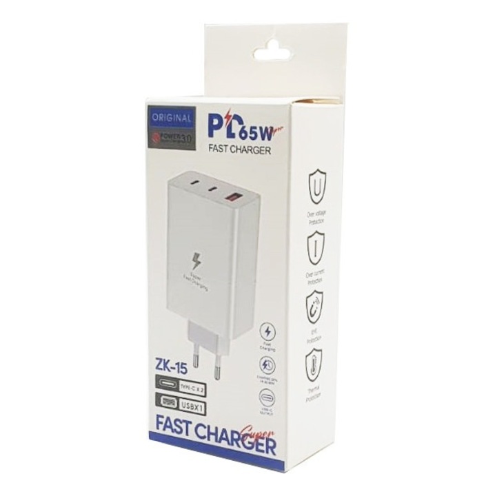 Telefonszámító ZK-15, 65W, 2 PD/Type-C port + 1 USB port, gyors töltés