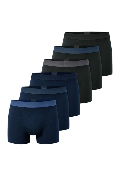 Schiesser, Set de boxeri cu banda logo in talie - 6 perechi, Negru/Albastru