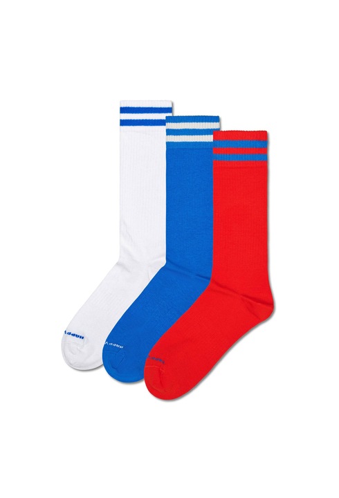 Happy Socks, Set de sosete lungi unisex cu model in dungi - 3 perechi, Rosu/Alb/Albastru
