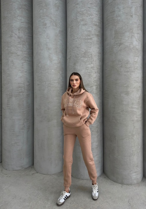 Trening dama, Bej, gros, din bumbac – hanorac cu gluga si pantaloni jogger, Bej