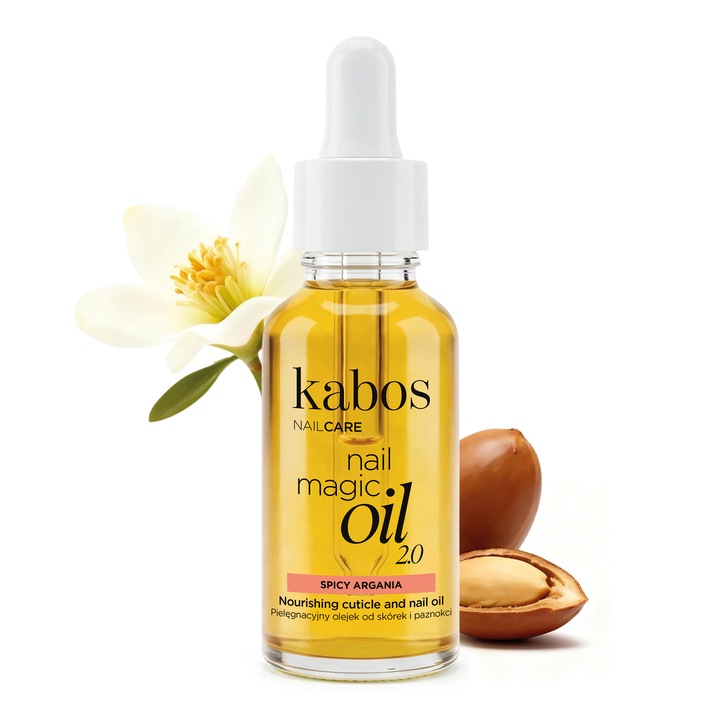 Ulei pentru cuticule si unghii, Kabos Nail Magic Oil 2.0 Spicy Argania 30 ml, Kabos, cu ulei de argan, hranitor si fortifiant, absorbtie rapida, parfum cald condimentat