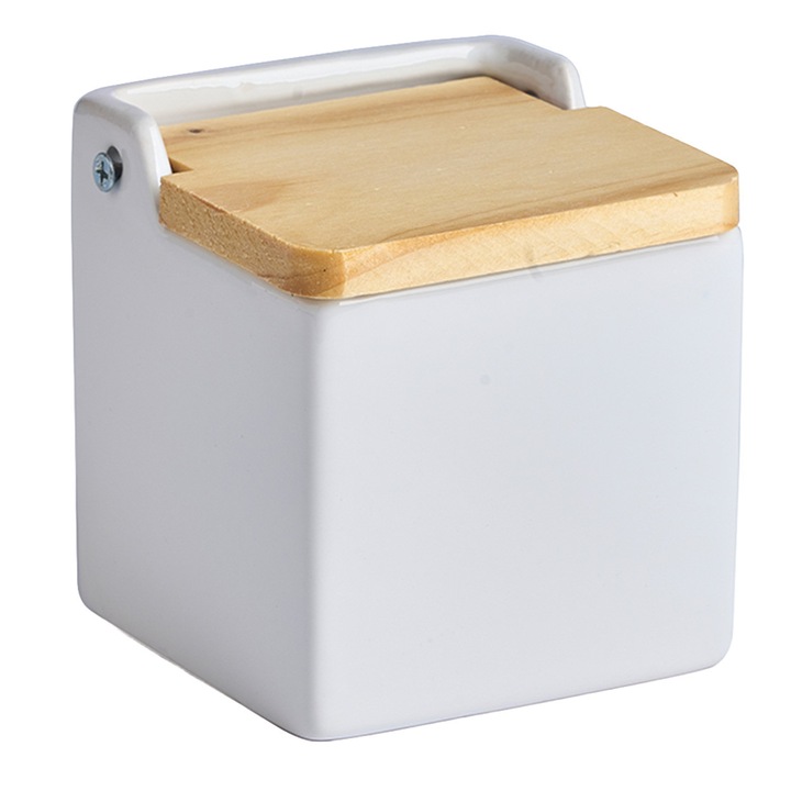 Recipient Pentru Sare, Vessia, Din Ceramica Alba Cu Capac Din Lemn De Pin, Forma Patrata, Design Minimalist Si Modern, Protectie Impotriva Umiditatii Pentru Condimente Sau Zahar, 550ml, Alb Si Lemn