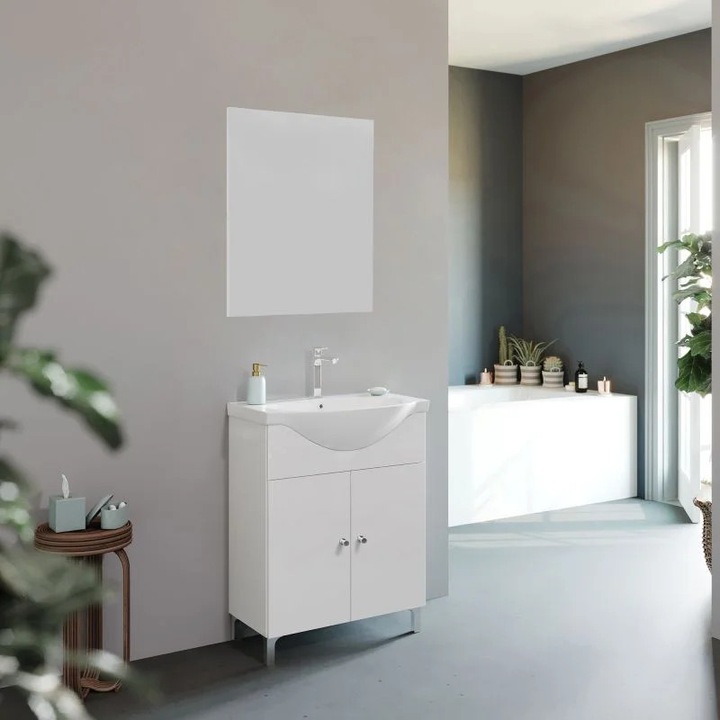 Set mobilier baie Savini Due Best, lavoar 65x14cm, oglindă 52x70cm, alb, dimensiuni 65x145x36cm