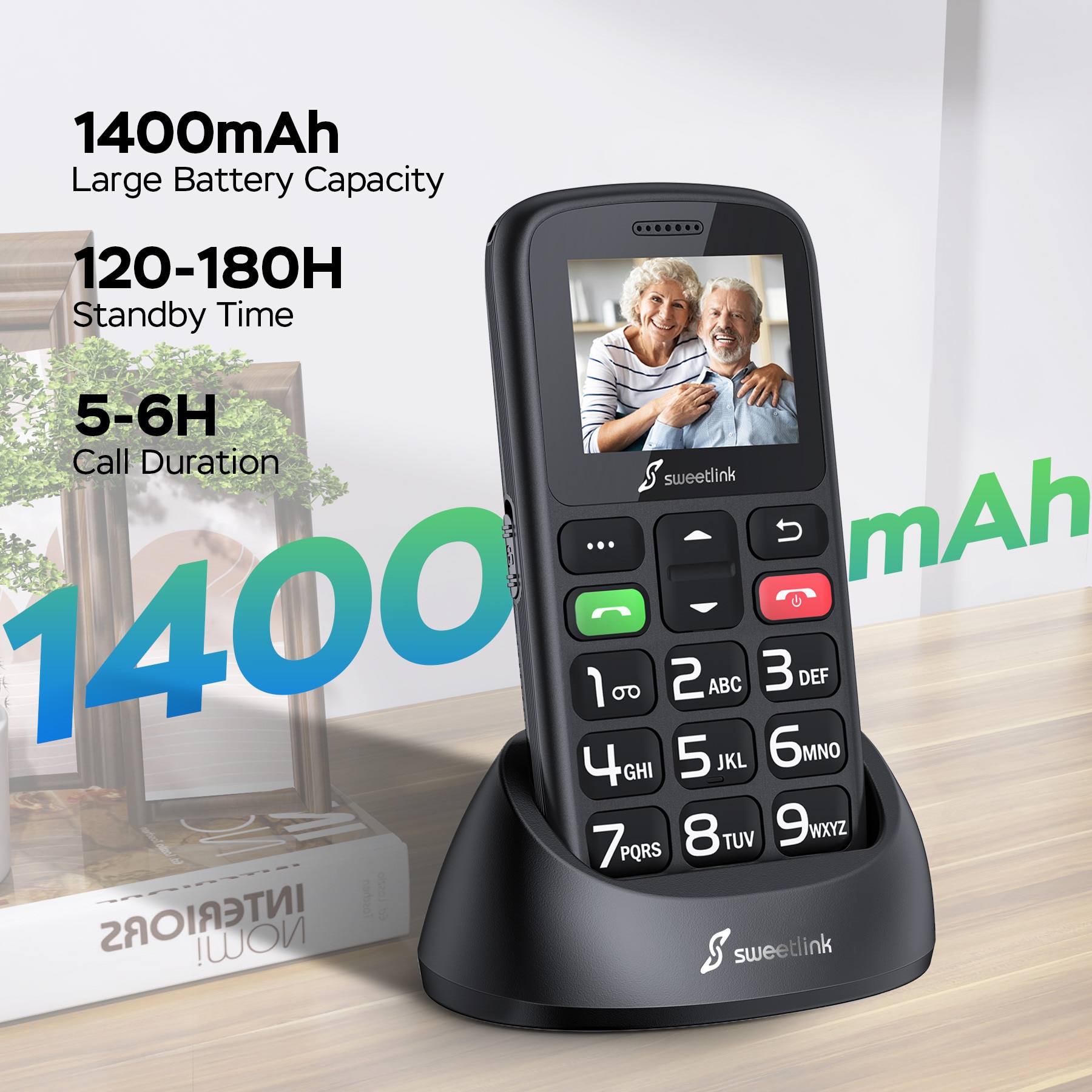 SweetLink S2 Plus Telefon mobil pentru seniori, meniu in limba Romana, taste mari, buton SOS, 1400 mAh, Pentru Varstnici, buton SOS, lanterna, radio, Stand incarcare, negru