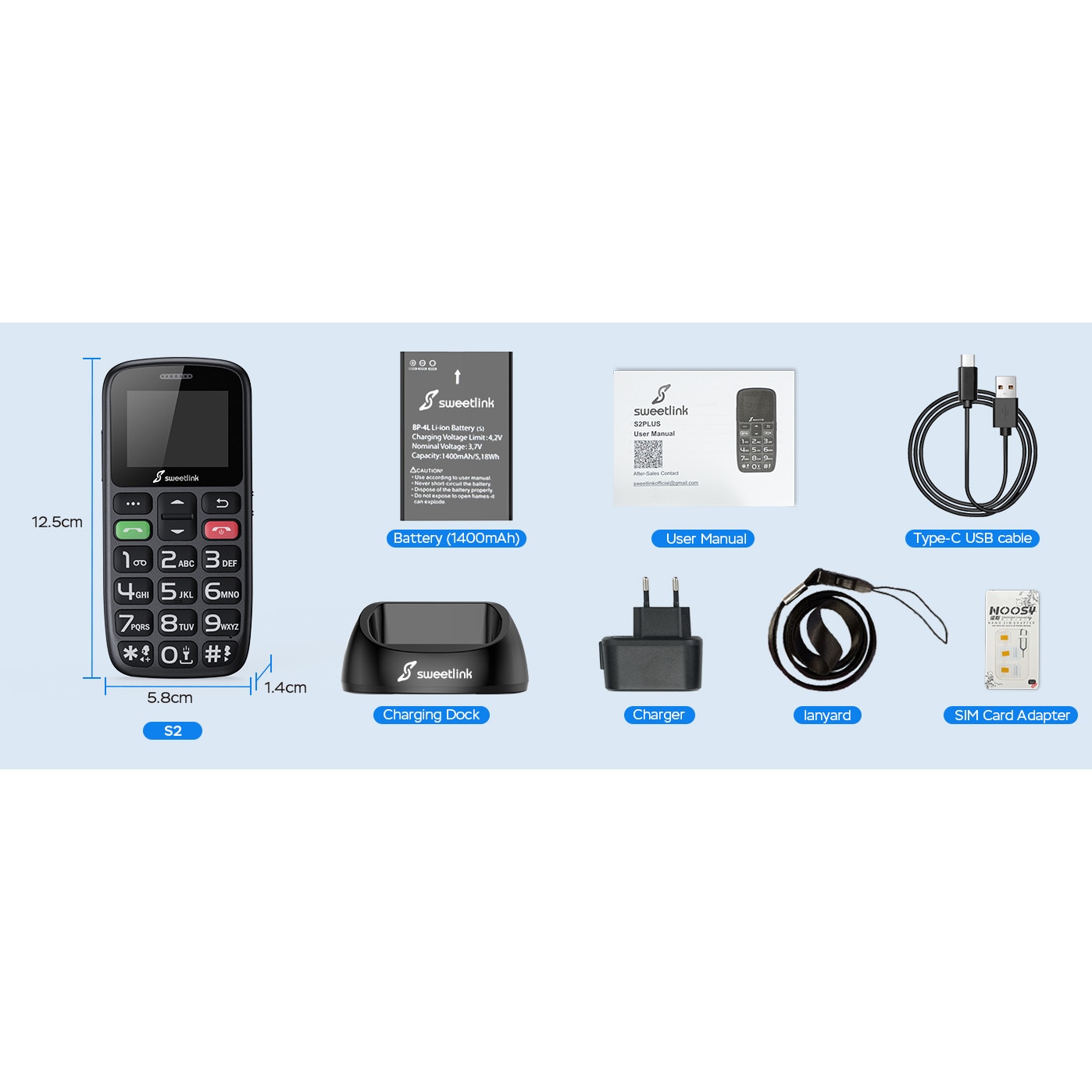 SweetLink S2 Plus Telefon mobil pentru seniori, meniu in limba Romana, taste mari, buton SOS, 1400 mAh, Pentru Varstnici, buton SOS, lanterna, radio, Stand incarcare, negru