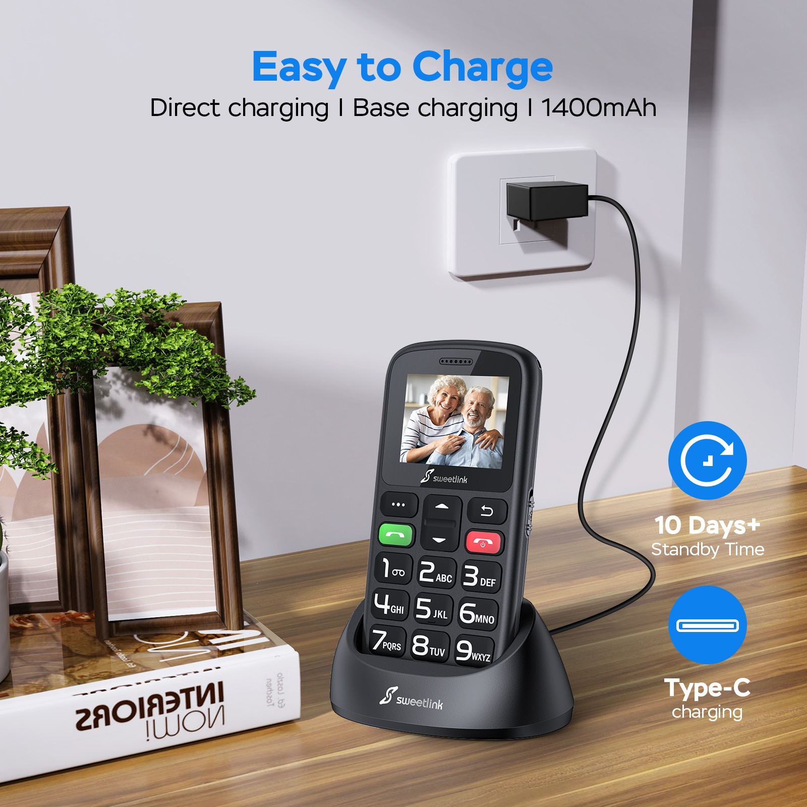 SweetLink S2 Plus Telefon mobil pentru seniori, meniu in limba Romana, taste mari, buton SOS, 1400 mAh, Pentru Varstnici, buton SOS, lanterna, radio, Stand incarcare, negru