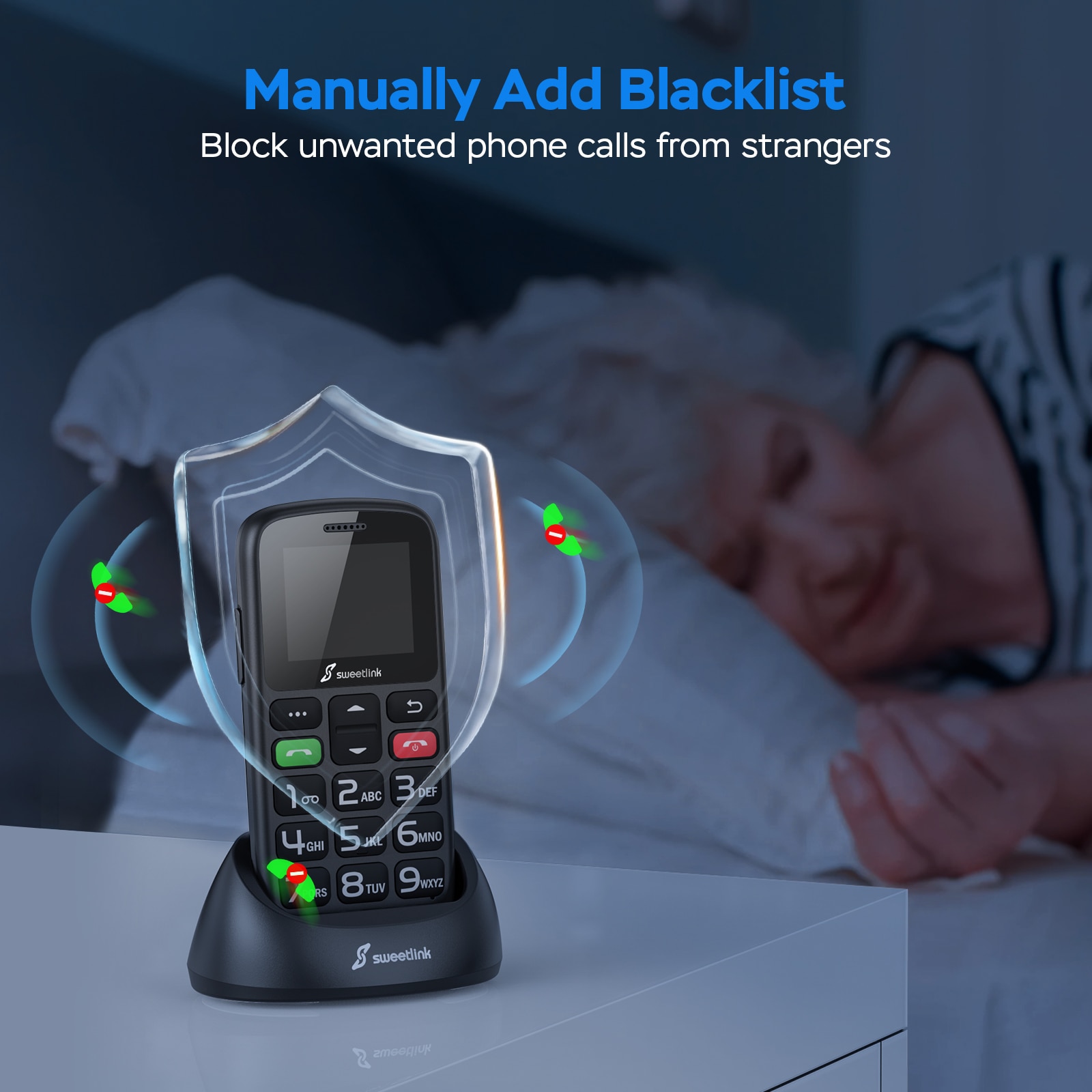 SweetLink S2 Plus Telefon mobil pentru seniori, meniu in limba Romana, taste mari, buton SOS, 1400 mAh, Pentru Varstnici, buton SOS, lanterna, radio, Stand incarcare, negru