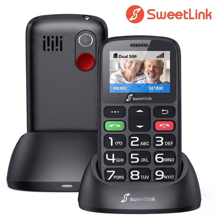 SweetLink S2 Plus Telefon mobil pentru seniori, meniu in limba Romana, taste mari, buton SOS, 1400 mAh, Pentru Varstnici, buton SOS, lanterna, radio, Stand incarcare, negru
