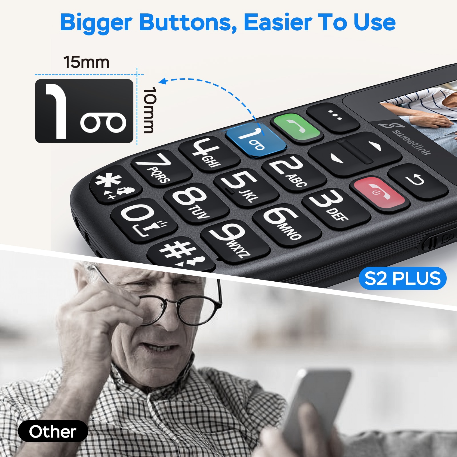 SweetLink S2 Plus Telefon mobil pentru seniori, meniu in limba Romana, taste mari, buton SOS, 1400 mAh, Pentru Varstnici, buton SOS, lanterna, radio, Stand incarcare, negru