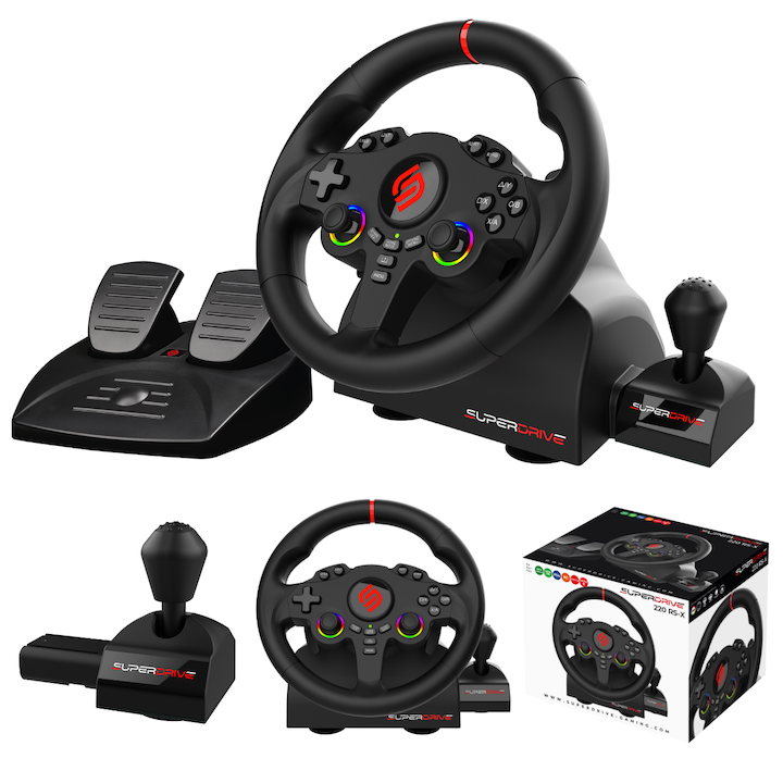 Volan de gaming 220 RS-X cu pedale, LED, 22cm, negru, set